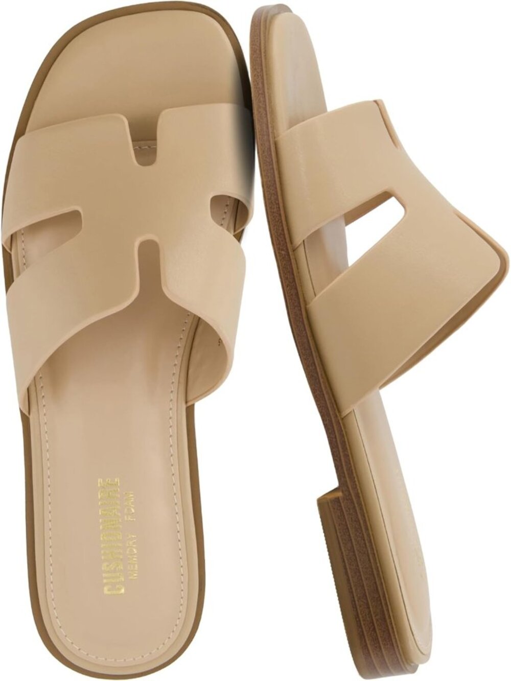 Women's Tan Memory Foam Vegan Leather Cutout Strap Slides Slip On Flat Shoes